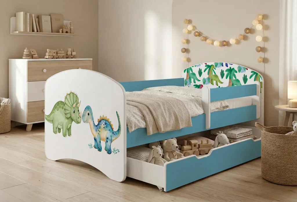 Lit enfant Happy Babies 140x70 bleu avec barrière de sécurité et matelas