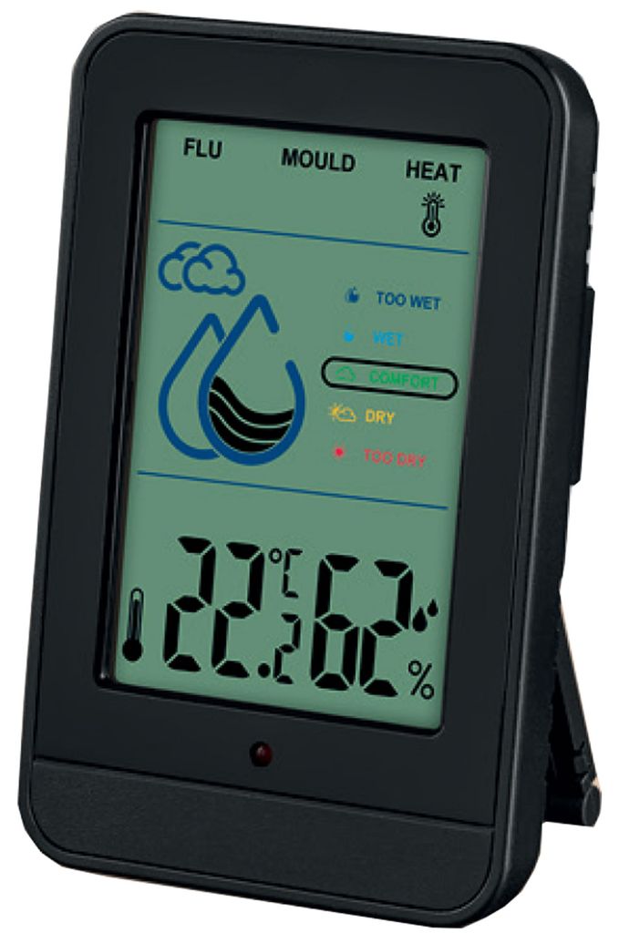 Miraval Raumklimastation Schwarz – Hygrometer & Thermometer, Lüftungsempfehlung, Komfortanzeige, Magnet, Wandmontage, LED-Warnung