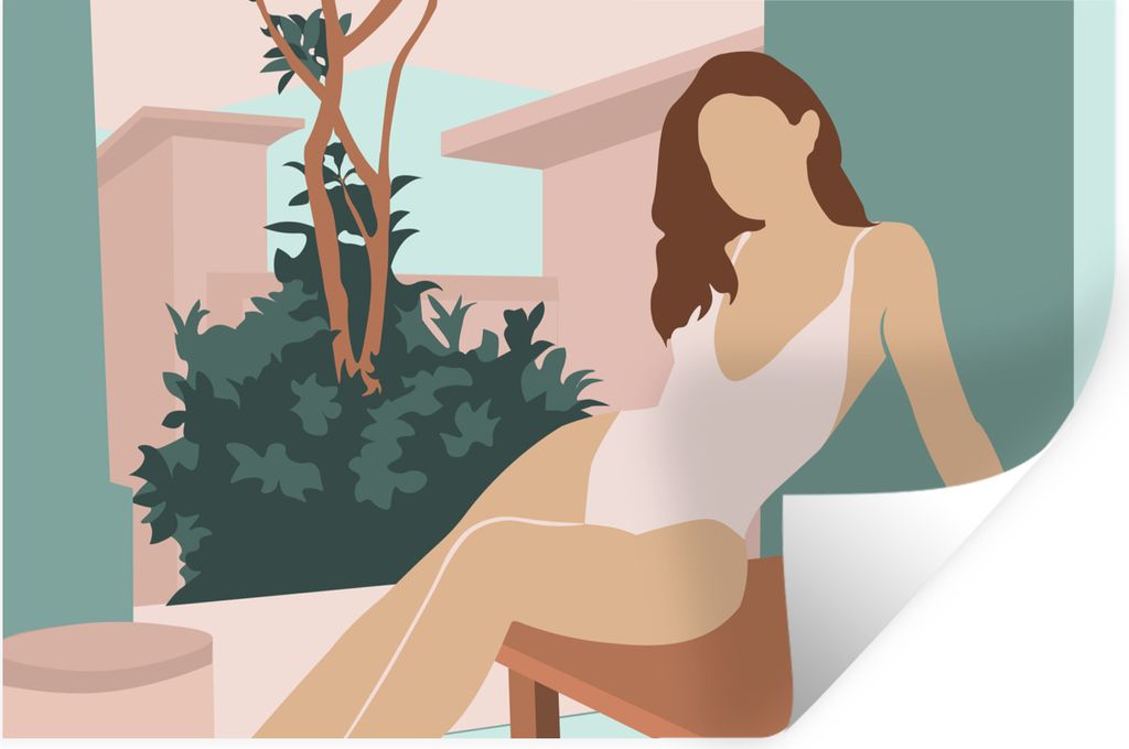 MuchoWow Wandtattoo Wandsticker Wandaufkleber Frau - Haus - Sommer 90x60 cm Selbstklebend und Repositionierbar - Aufkleber