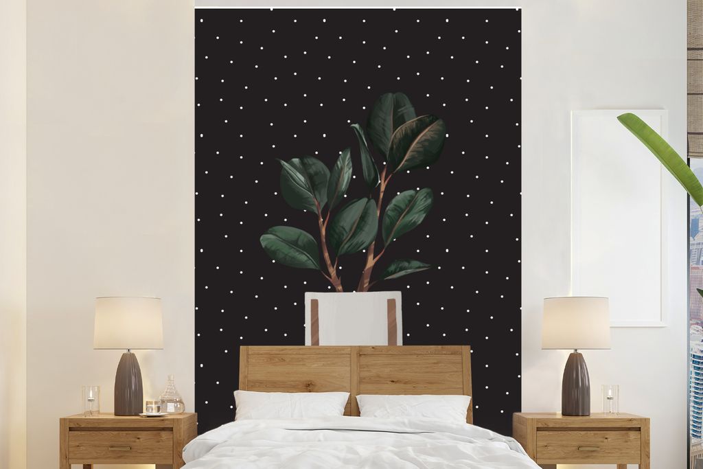 MuchoWow Fototapete für Wohnzimmer oder Schlafzimmer Wandtapete Vinyl Motivtapete Pflanzen - Blumentopf - Dots - Schwarz - 155x240 cm - Tapete
