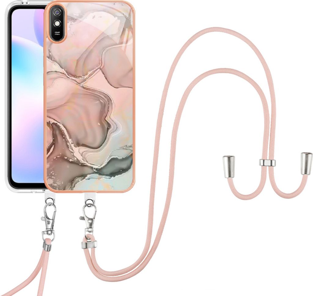 Redmi 9A Handykette Hülle, Muster TPU Bumper Schutzhülle mit verstellbarem Tragegurt für Xiaomi Redmi 9A Crème