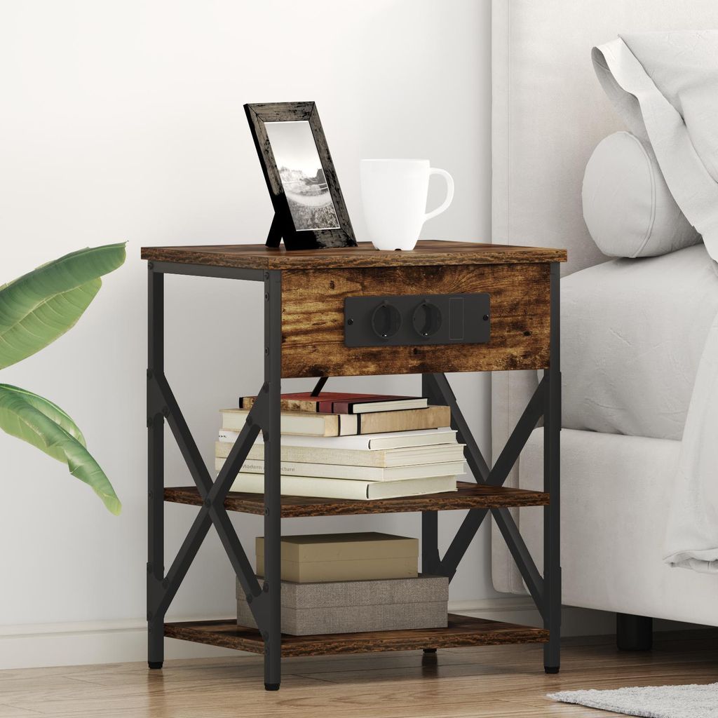 Nachttisch mit Ladestation 2 pcs Räuchereiche Holzwerkstoff