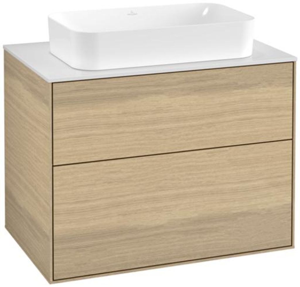 Villeroy & Boch Finion Waschtischunterschrank, 2 Auszüge, mit integrierter Beleuchtung, Waschbecken mittig, ohne Hahnloch, 800x603x501mm, Glass Wh...