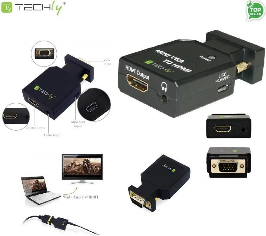 Convertisseur VGA HDMI Compact Techly sans Pilote avec Sortie Audio Stéréo
