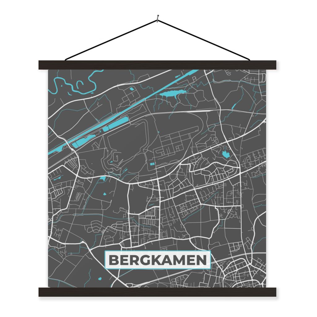 MuchoWow Textilposter Karte - Stadtplan - Bergkamen - Deutschland - Blau 120x120 cm mit schwarzem Rahmen - Aufhängungsset