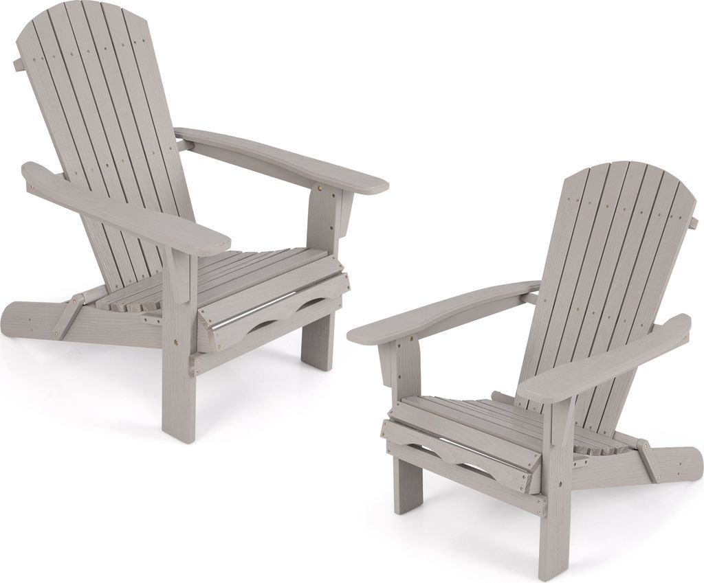 Two gray Adirondack chairs are shown against a white background.