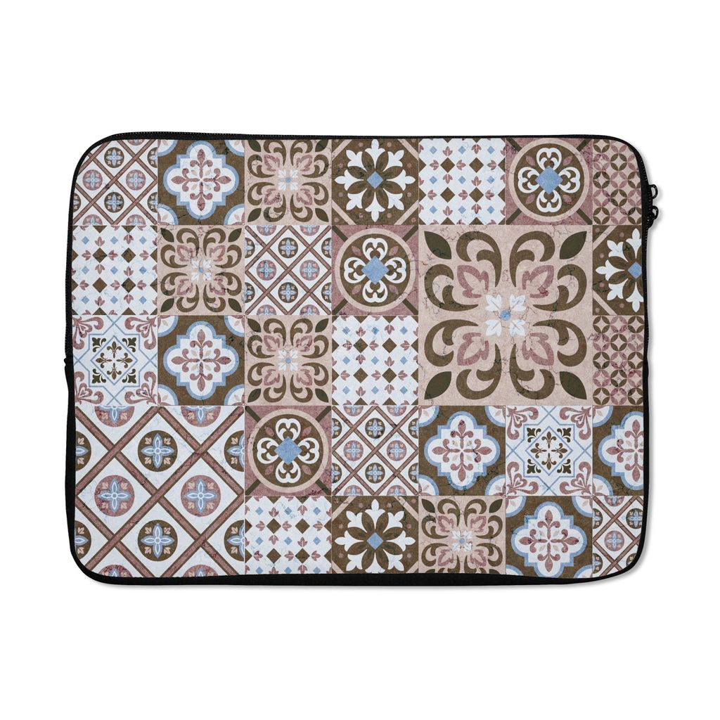 MuchoWow Laptop Hülle 17 Zoll Laptoptasche Muster - Vintage - Braun - Blumen - Formen - Zipper - Schutzabdeckung