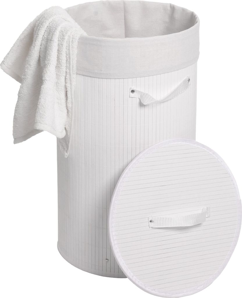 Wäschekorb HWC-C21, Laundry Wäschebox Wäschesammler Wäschebehälter Wäschetonne, Bambus rund 59x35cm 50l weiß