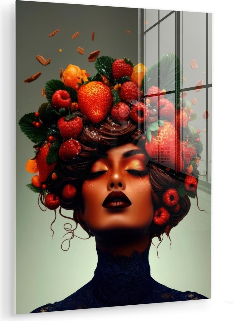 MuchoWow Glasbilder - Bilder auf Wandbild - Foto auf Glas Frau - Schokolade - Himbeeren - Erdbeeren - Kekse 30x40 cm Wanddekoration aus Glas - Acry...
