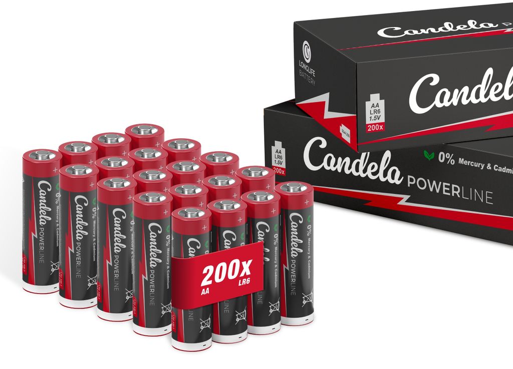 Candela Lights Powerline Batterien AA, 200er Pack, 1,5V Leistungsstark und langlebig, AA (LR6) Batterie für Haushalt und Büro