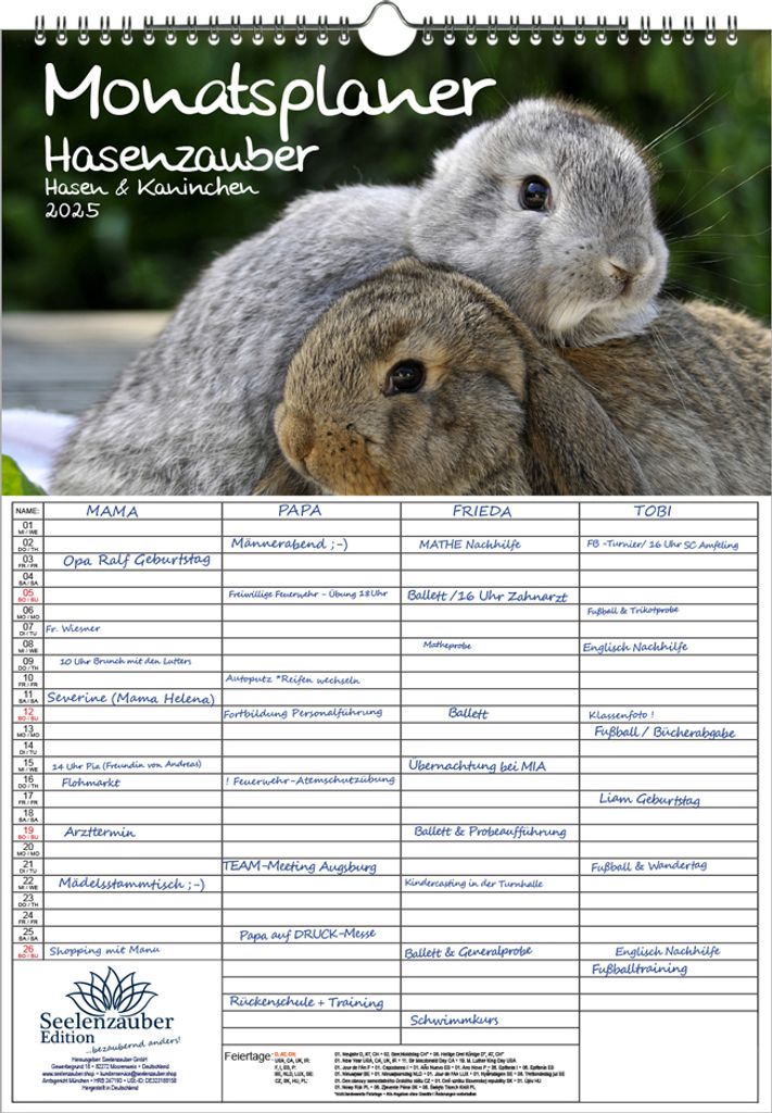 Hasenzauber Hasen und Kaninchen Planer Wandplaner Familienplaner 4 Spaltenplaner DIN A3 Kalender für 2025 - Seelenzauber