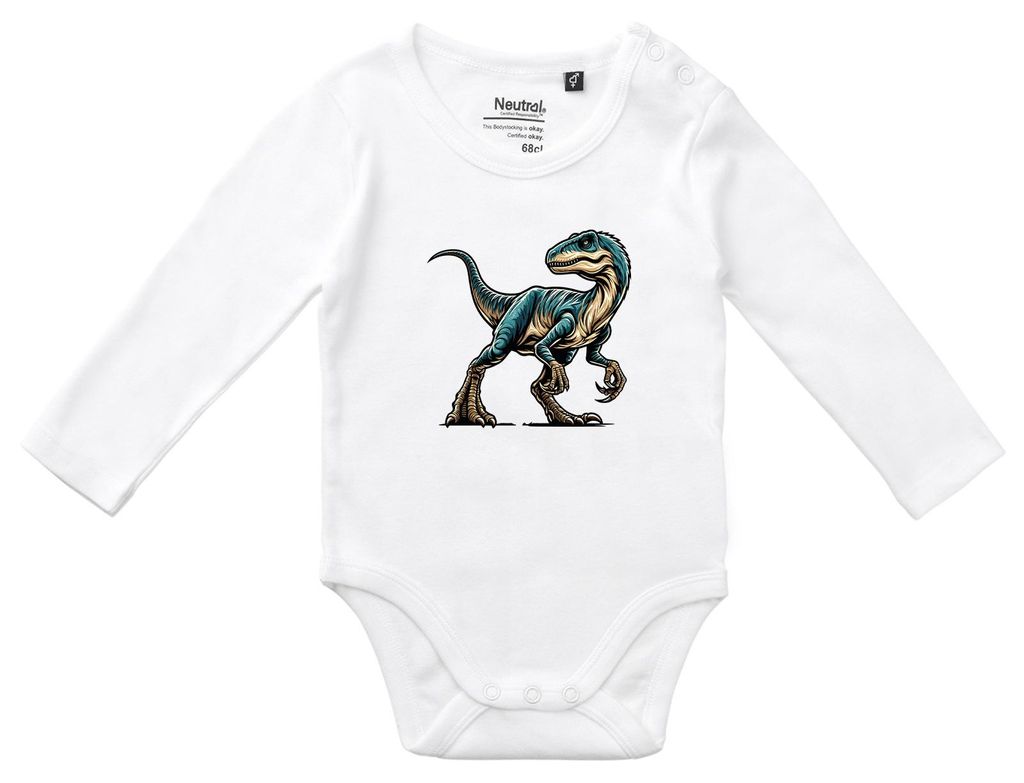 Huuraa Baby Body Velociraptor Dinosaurier 80 White Baumwolle Fairtrade Langarmbody Geschenkidee