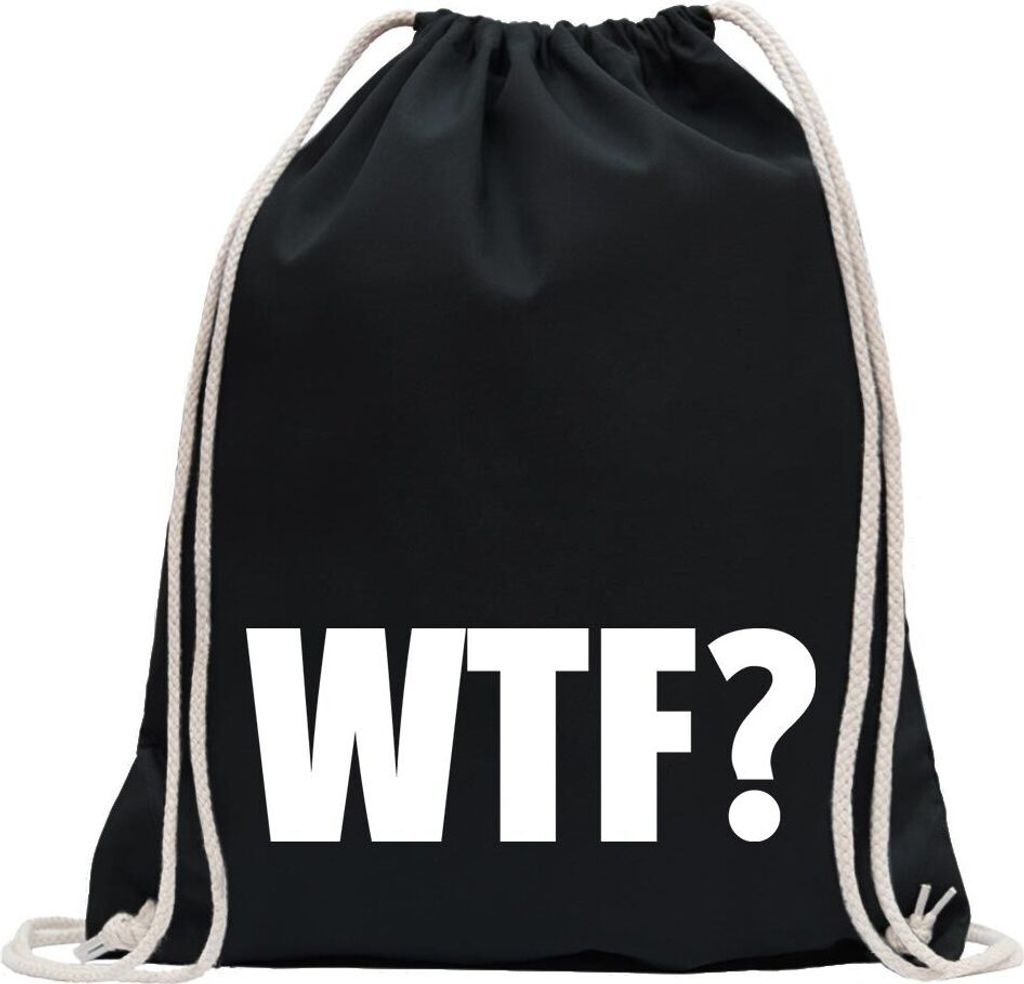 Kiwistar - Turnbeutel - schwarz - WTF? Schriftzug - Fun Rucksack Sport Beutel Gymsack Baumwolle mit Ziehgurt