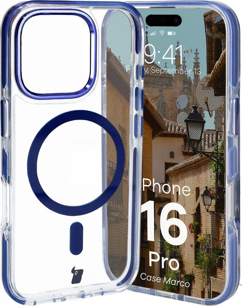 Bizon Case Marco Magnetische Ringhülle für iPhone 16 Pro, Transparent mit blauem Rahmen