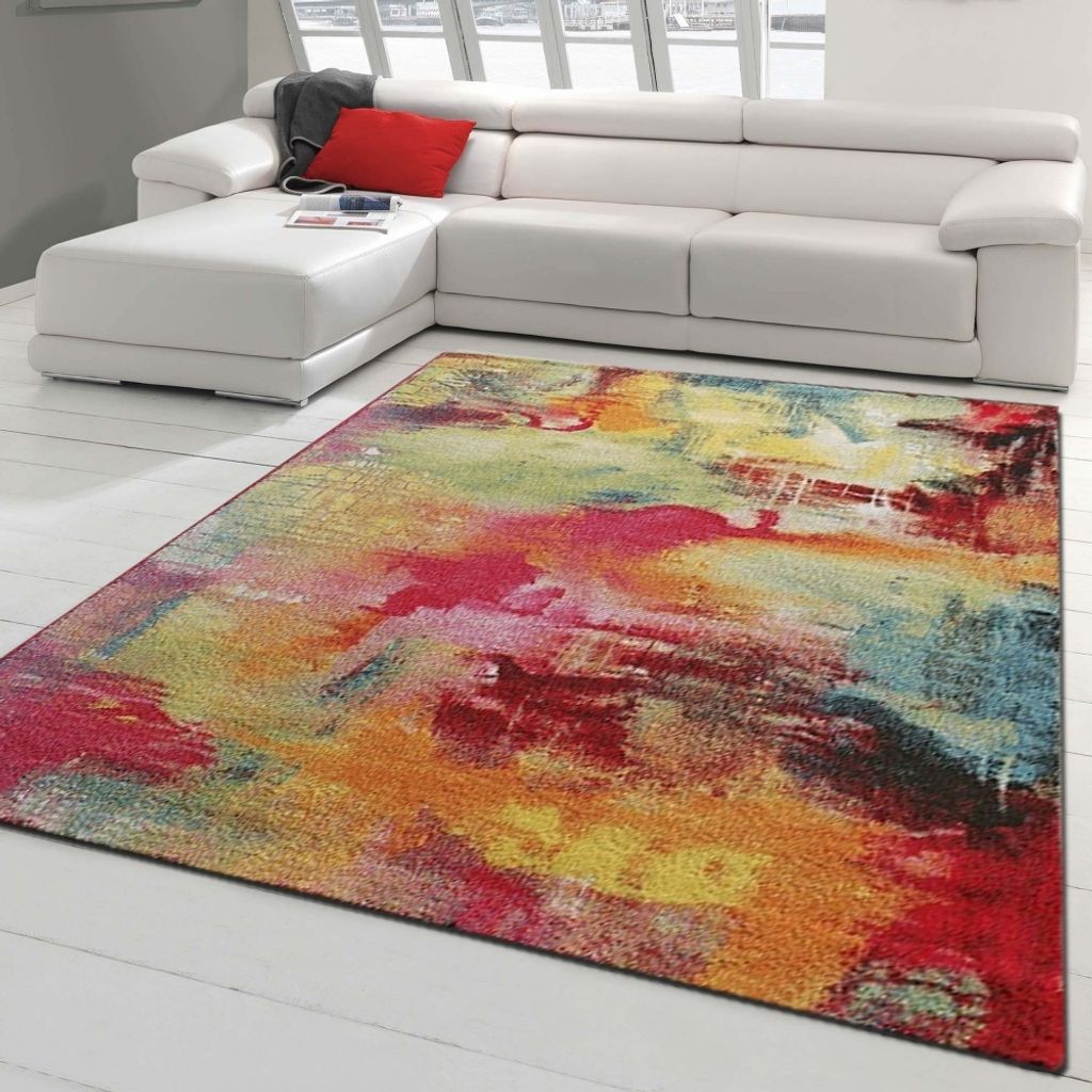 Tapis moderne à poils courts aspect toile multicolore Image du produit 