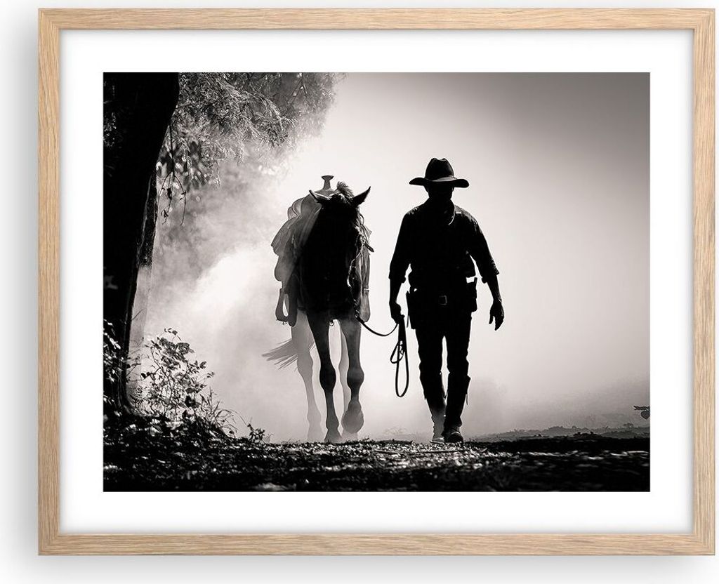 Gerahmtes Poster - Rahmen in heller Eiche - Cowboy Pferd Shady - 50x40 cm - Wand Bild - Wanddeko - Wandbilder - Kunstposter - Wandposter - Bilderra...