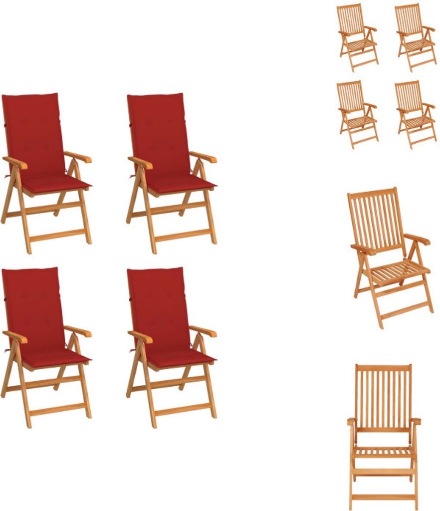 vidaXL Gartenstühle 4 Stk. mit Roten Kissen Massivholz Teak - Gartenstühle