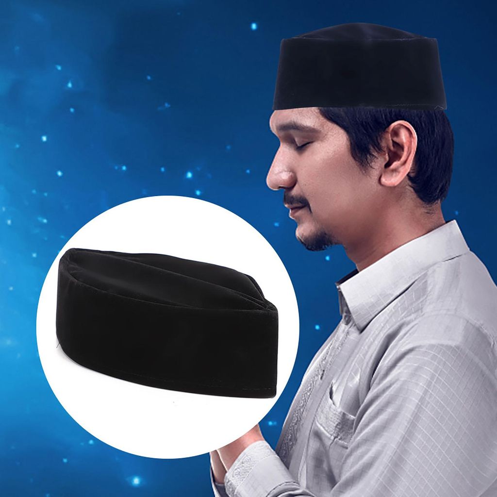 Schwarzer muslimischer Hut für Herren, südostasiatisch, malaiisch, islamischer Stil, weicher, goldfarbener Samt und Karton, 59 cm