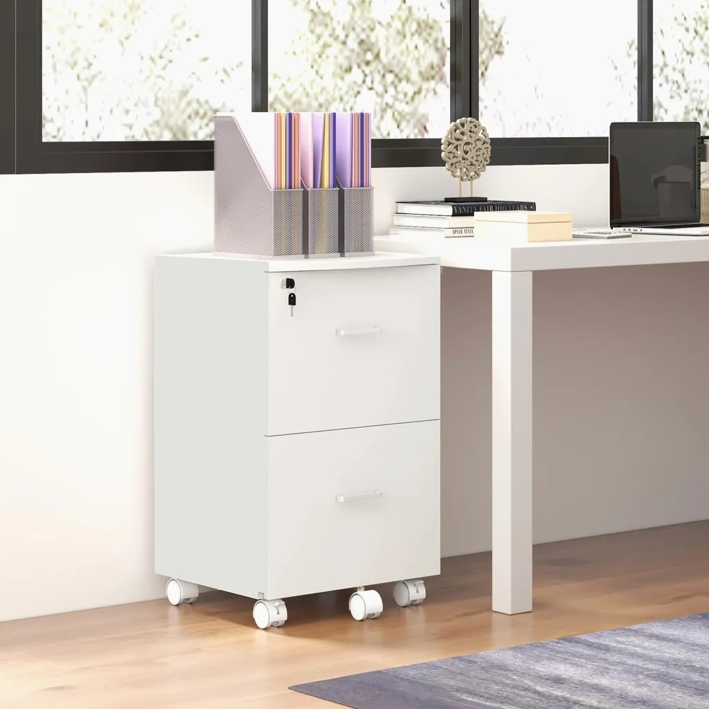 Caisson de bureau blanc 2 tiroirs avec serrure et cadre en bois chic