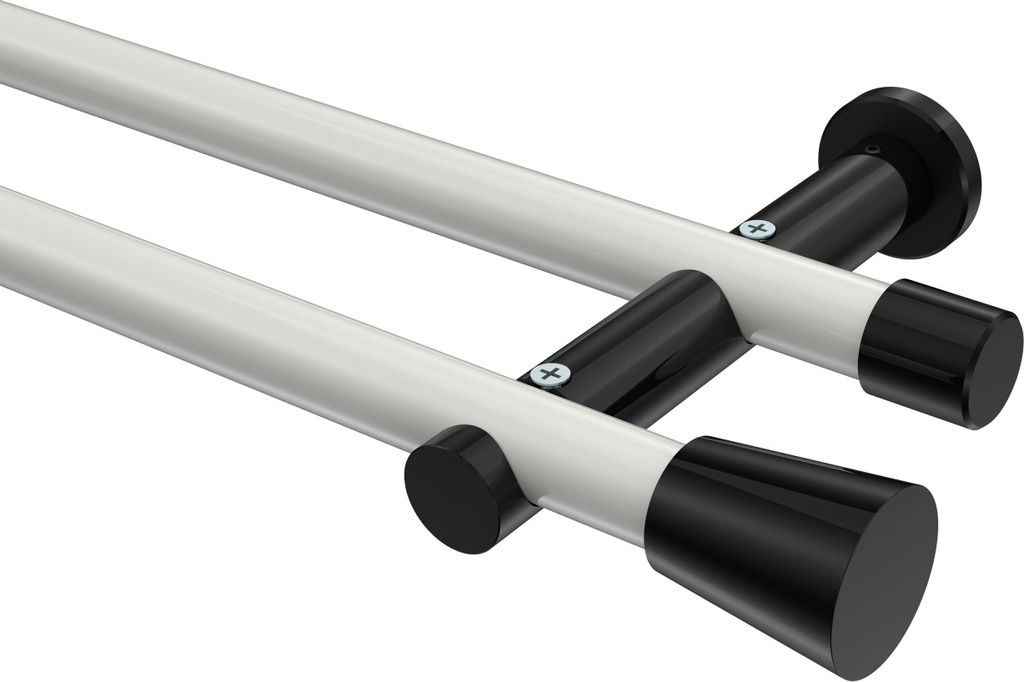 Interdeco Gardinenstange / Vorhangstange Weiß / Schwarz, Typ Platon Sitra (Konus) ohne Ringe, 20 mm Ø 2-läufig, 140 cm