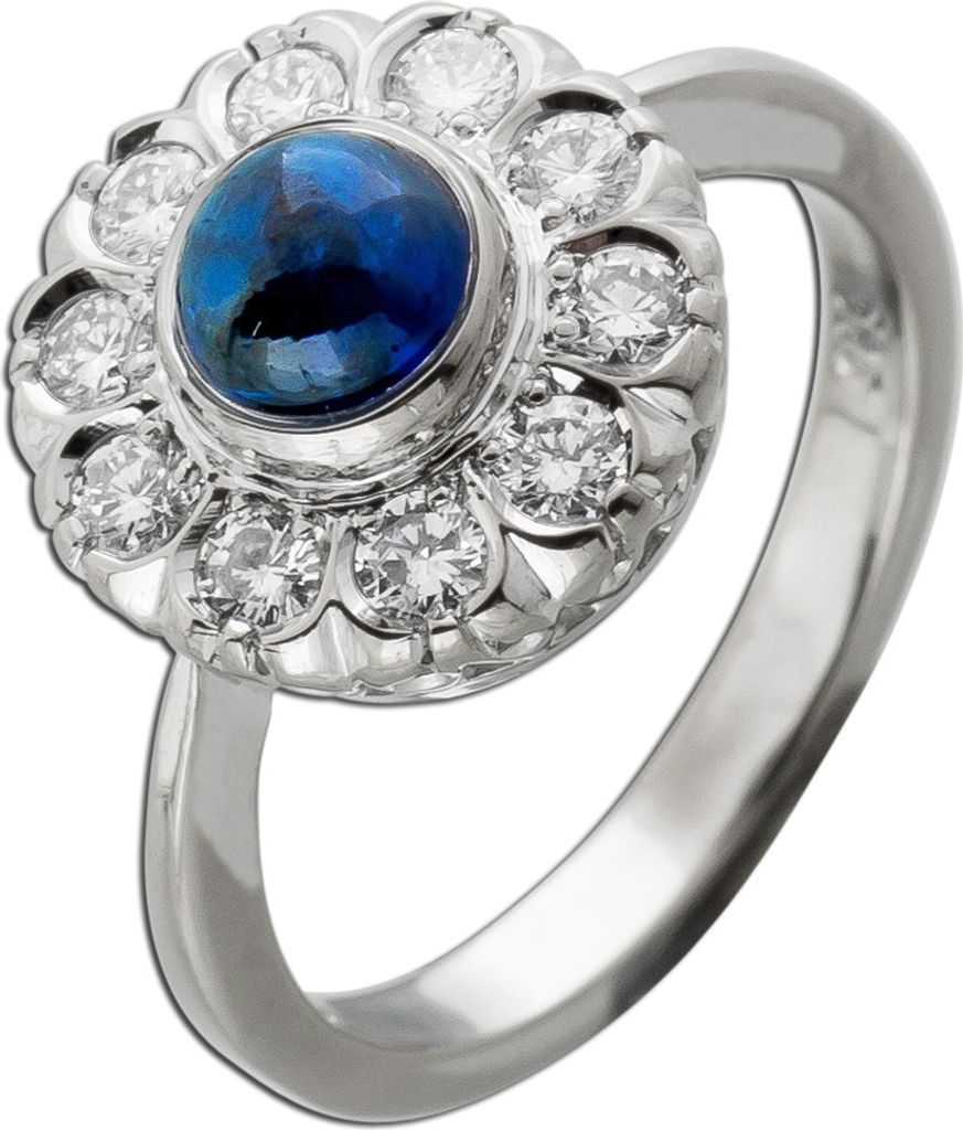Saphirring Weißgold 585 14K blau Safir 1 ct Cabochon Diamanten 16