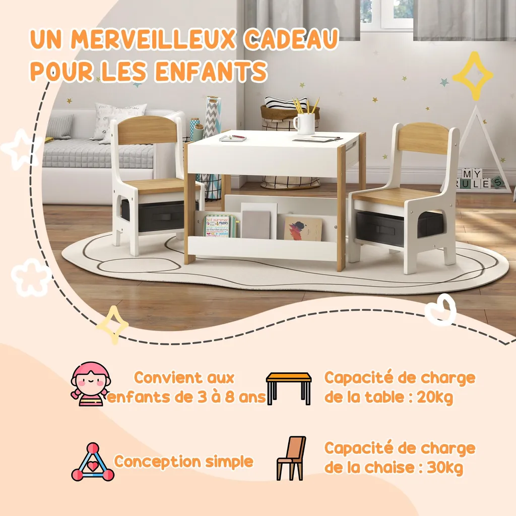 Solution Rangement Chambre Enfant : Table avec Plateau Tableau et Chaises - 4
