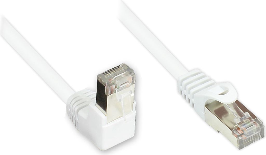 Patchkabel, Cat. 5e, F/UTP, 1x 90° nach unten gewinkelt an 1x gerade, weiß, 0,25m, Good Connections
