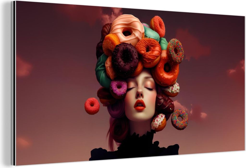 MuchoWow Wanddekoration Metall Metallbild Wandkunst 120x60 cm Frau - Donuts - Bunt MuchoWow Aluminium Gemälde - Metalbilder