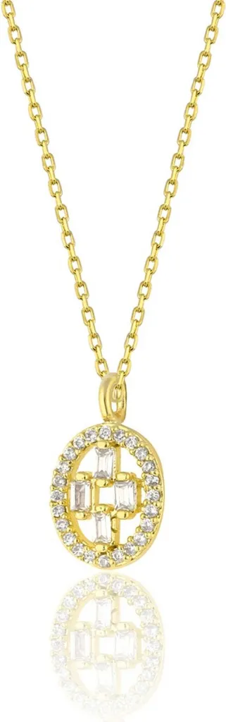 Collier argent 925 pendentif ovale serti de zircone baguette de 45 cm