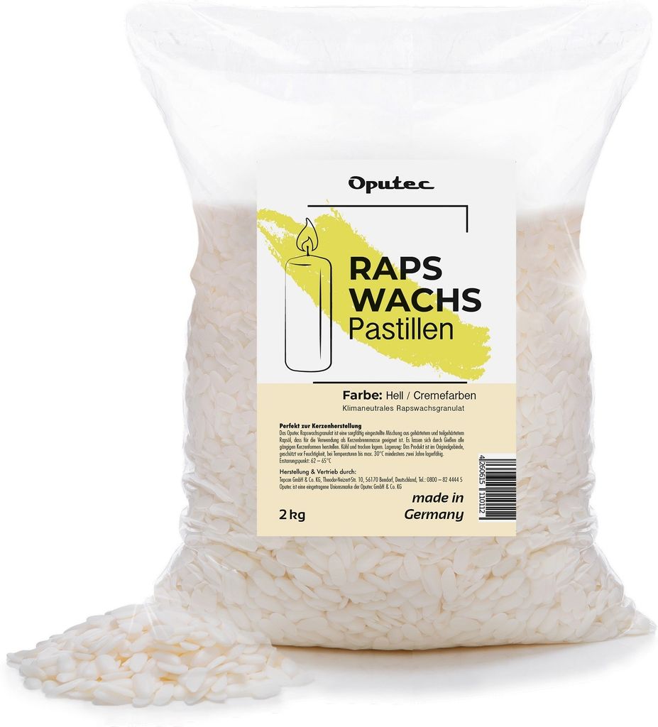 Oputec 2 KG Raps-Kerzenwachs Pastillen – Helles, cremefarbenes Naturwachs zum Kerzen gießen & selber machen