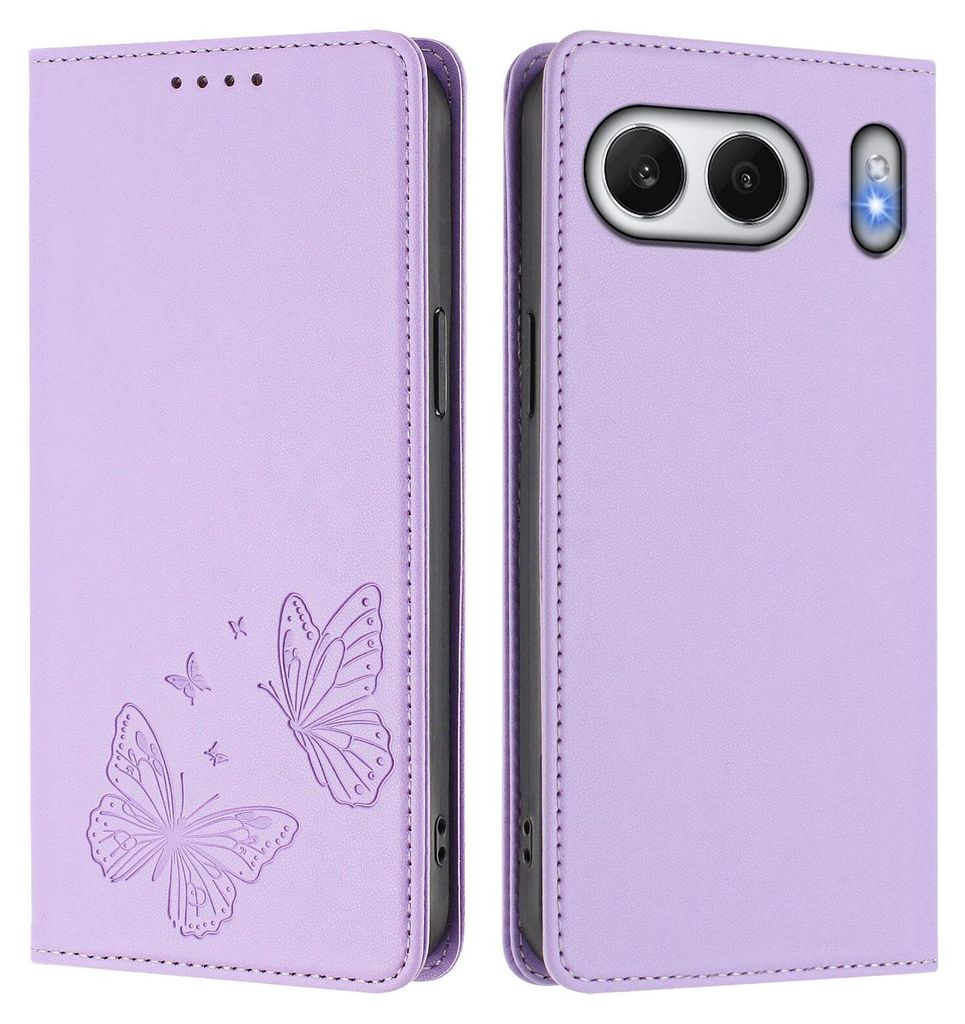 Lederhülle für OnePlus Nord 4, Schmetterling Prägung Leder Brieftasche Schutzhülle mit Ständer Violett