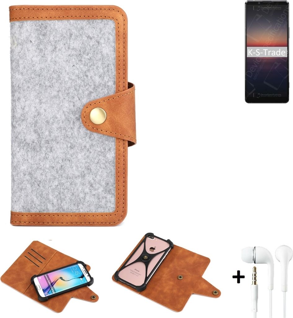 K-S-Trade Handyhülle + Kopfhörer kompatibel mit Sony Xperia 1 II Schutzhülle Filz Hülle Kunstleder hellgrau braun (1x)