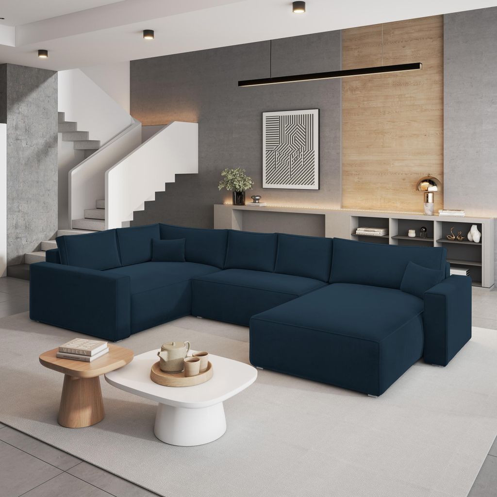 Masseno Ecksofa VELAMI L-S mit Schlaffunktion U-Form, Sofa mit Bettkasten, Wohnzimmersofa, Couch, Soffa, Bettsofa, Couchgarnitur- Blau, MONOLITH 77