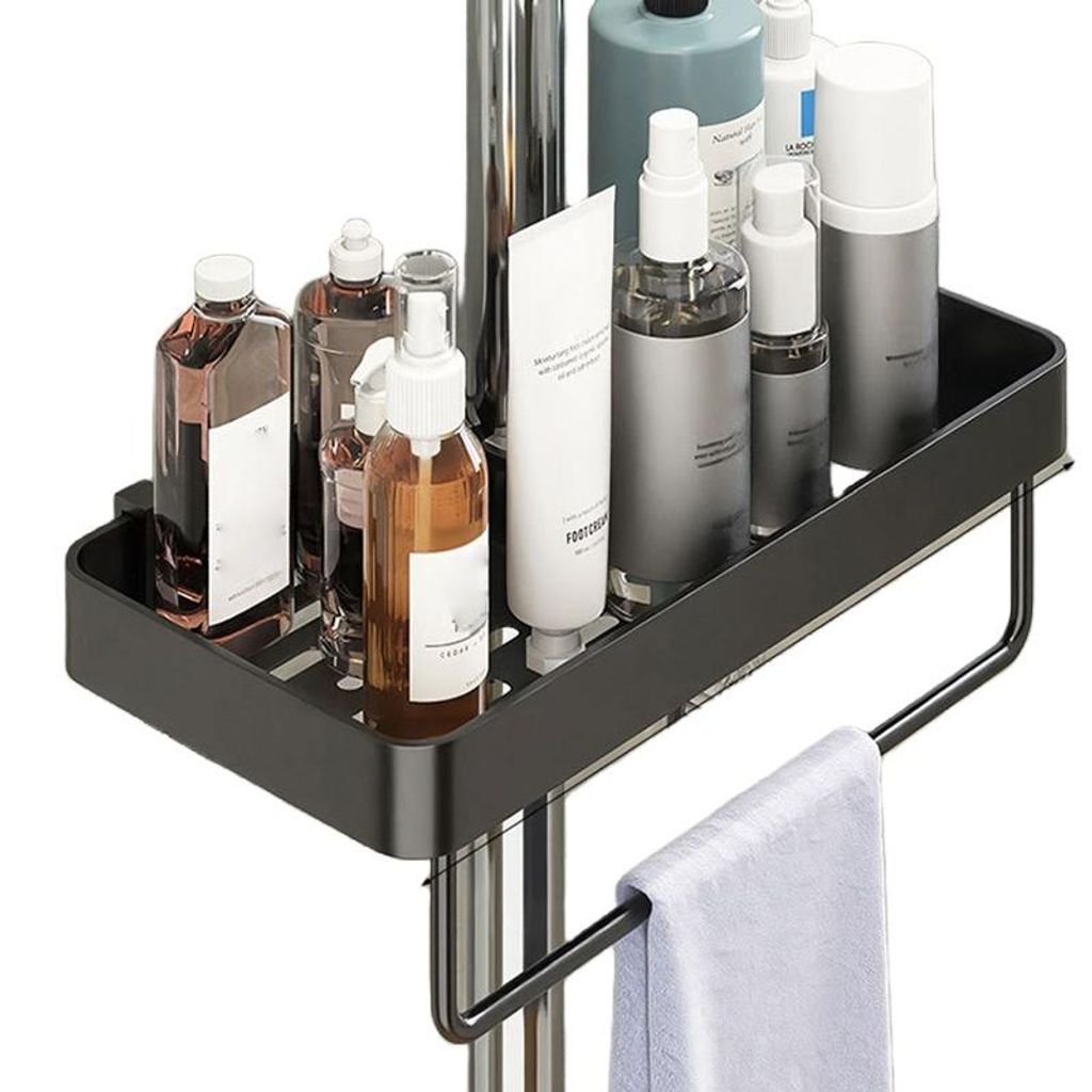 Duschablage, ohne Bohren, höhenverstellbar, Duschablage aus Aluminium, rostfrei, stabil und langlebig, mit Stange, Schwarz