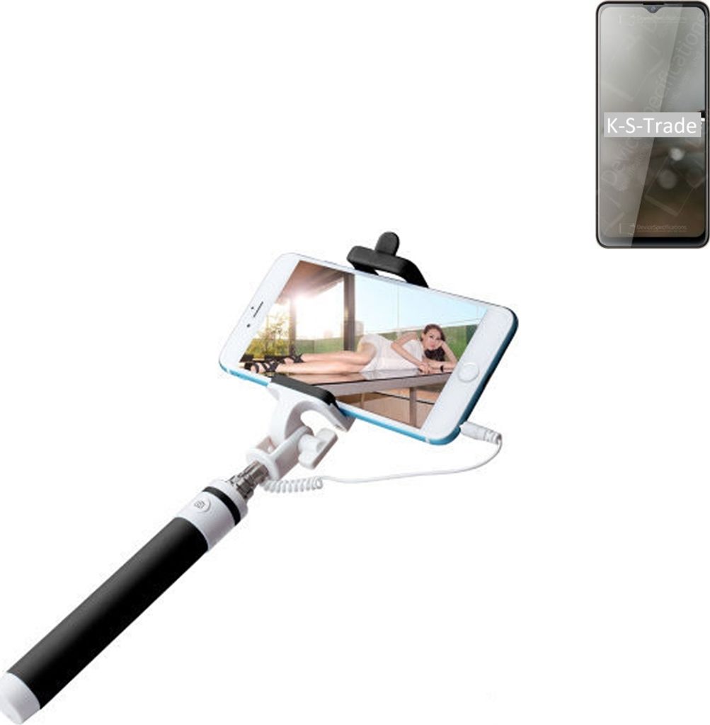 K-S-Trade Selfie Stick kompatibel mit Cubot Note 20 Selfiestick kabelgebunden Monopod mit Kabel Stab Stange Selfportrait Handheldstick schwarz 1x