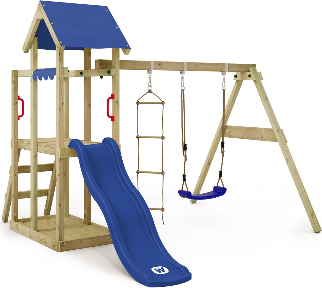 WICKEY Spielturm Klettergerüst TinyPlace mit Schaukel & Rutsche, Kletterturm mit Sandkasten, Leiter & Spiel-Zubehör - blau