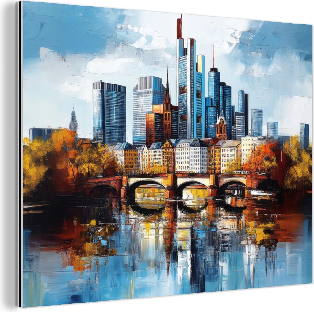 MuchoWow Wanddekoration Metall Metallbild Wandkunst 80x60 cm Bäume Frankfurt - Stadt - Skyline - Brücke MuchoWow Aluminium Gemälde - Alubild