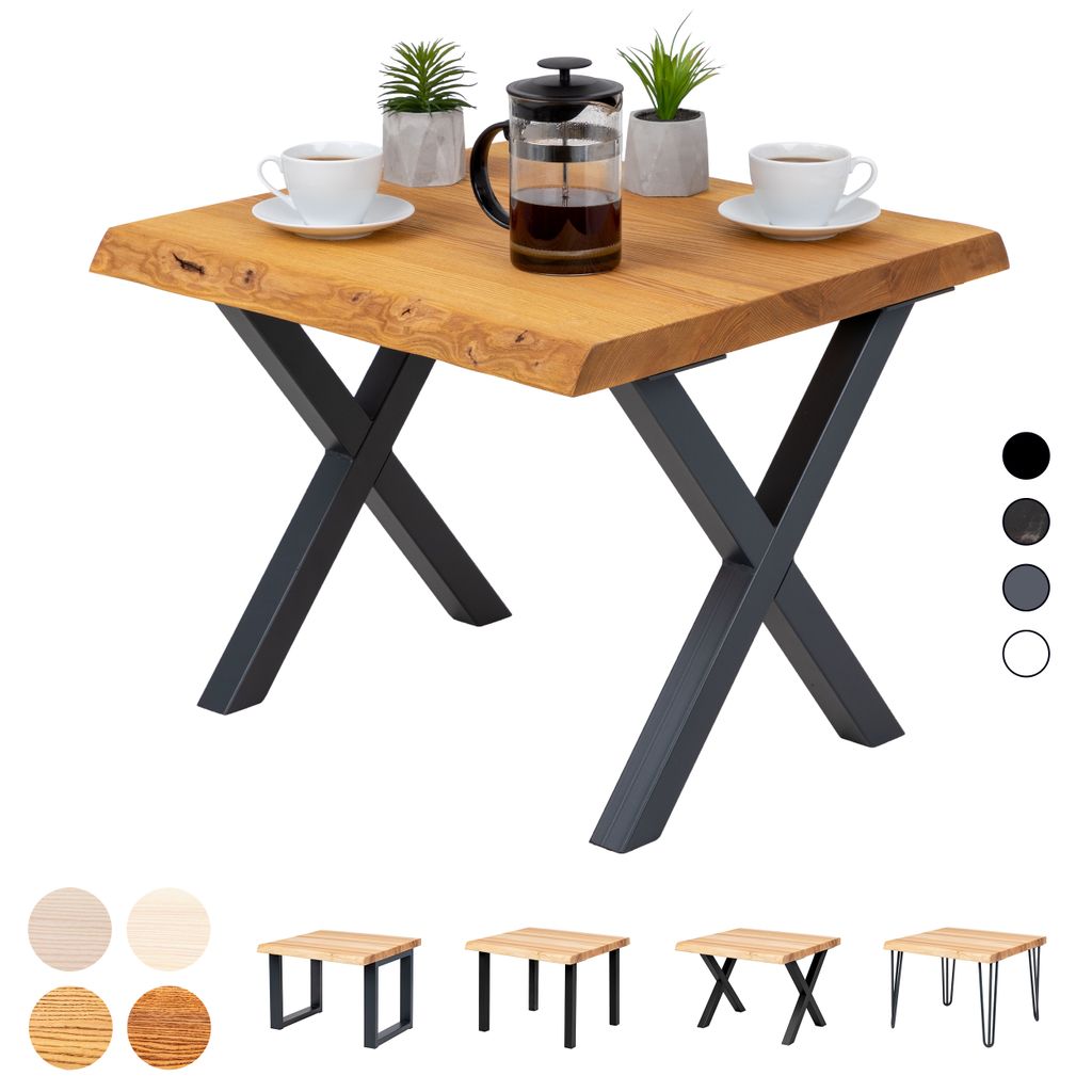 LAMO Manufaktur Couchtisch Baumkante Beistelltisch Holztisch 60x60x47 cm (LxBxH), Modern, Esche Rustikal / Anthrazit, LKB-01-A-003-7016M