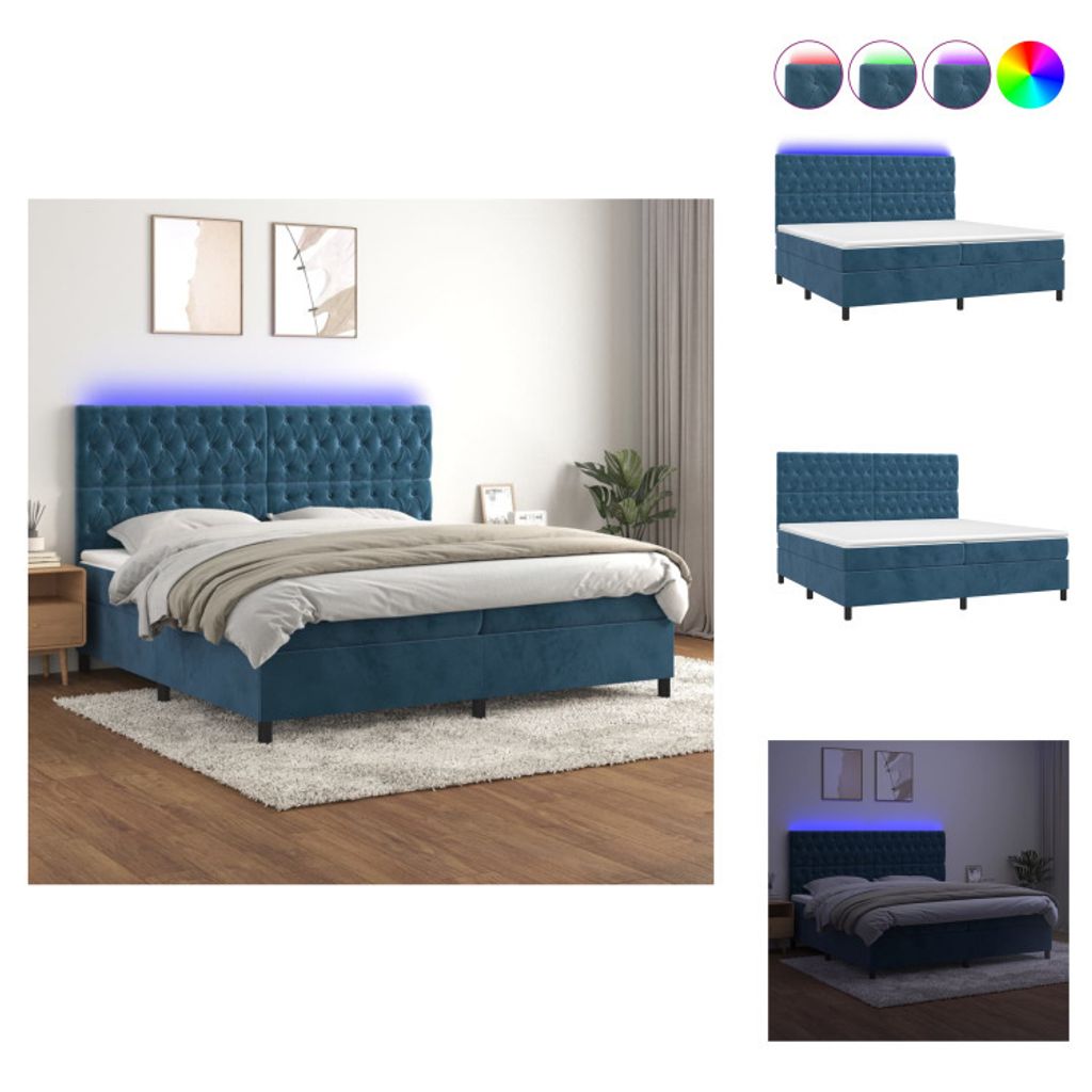 vidaXL Boxspringbett mit Matratze & LED Dunkelblau 200x200 cm Samt - Betten & Bettgestelle
