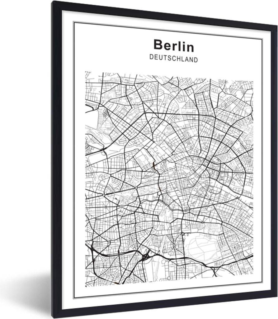 MuchoWow Gerahmtes Poster Stadtplan - Berlin - Schwarz und weiß 30x40 cm - Poster mit Schwarzem Bilderrahmen Wandposter Rahmen Foto Bilder - Wan...