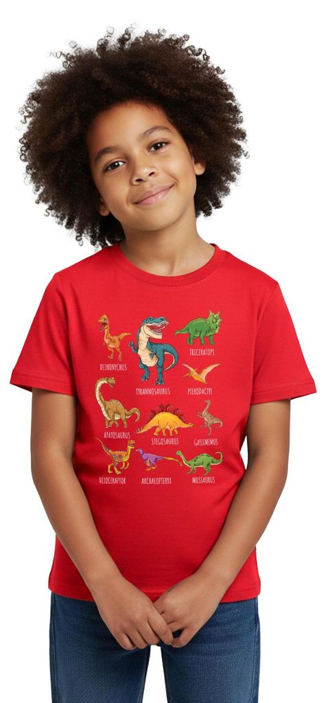 Spreadshirt Dinosaurier Arten Übersicht Dino T-Rex Comic Kinder T-Shirt, 98/104 (3-4 Jahre), Rot