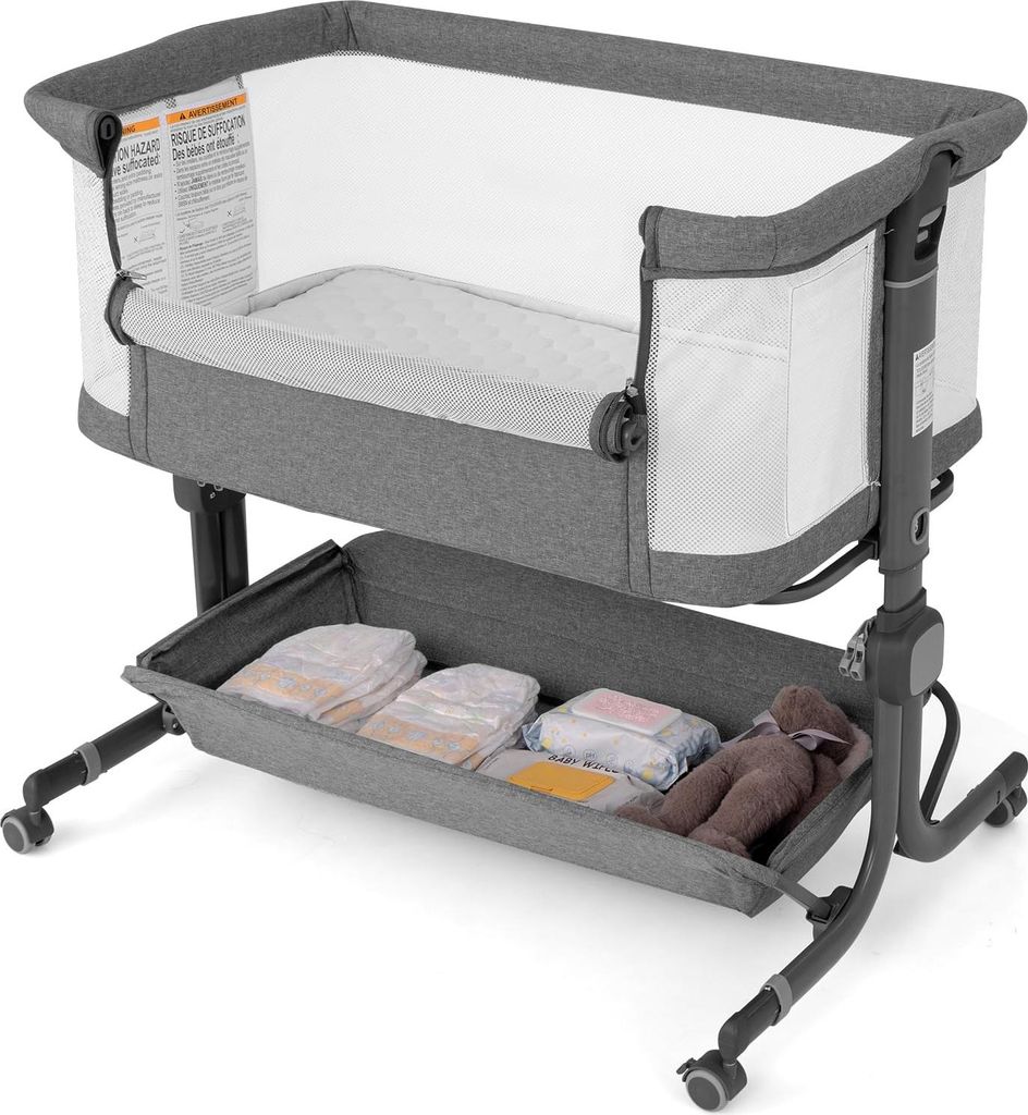 GOPLUS 3 in 1 Beistellbett, Kinderbett mit 6-fach Höhe, Neigung 3°–8°, Ablage, feststellbaren Rädern, Reisebett für Baby bis 6 Monate bis 9 ...