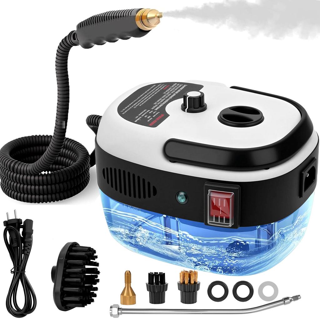 A steam cleaner with its accessories laid out on a white background.