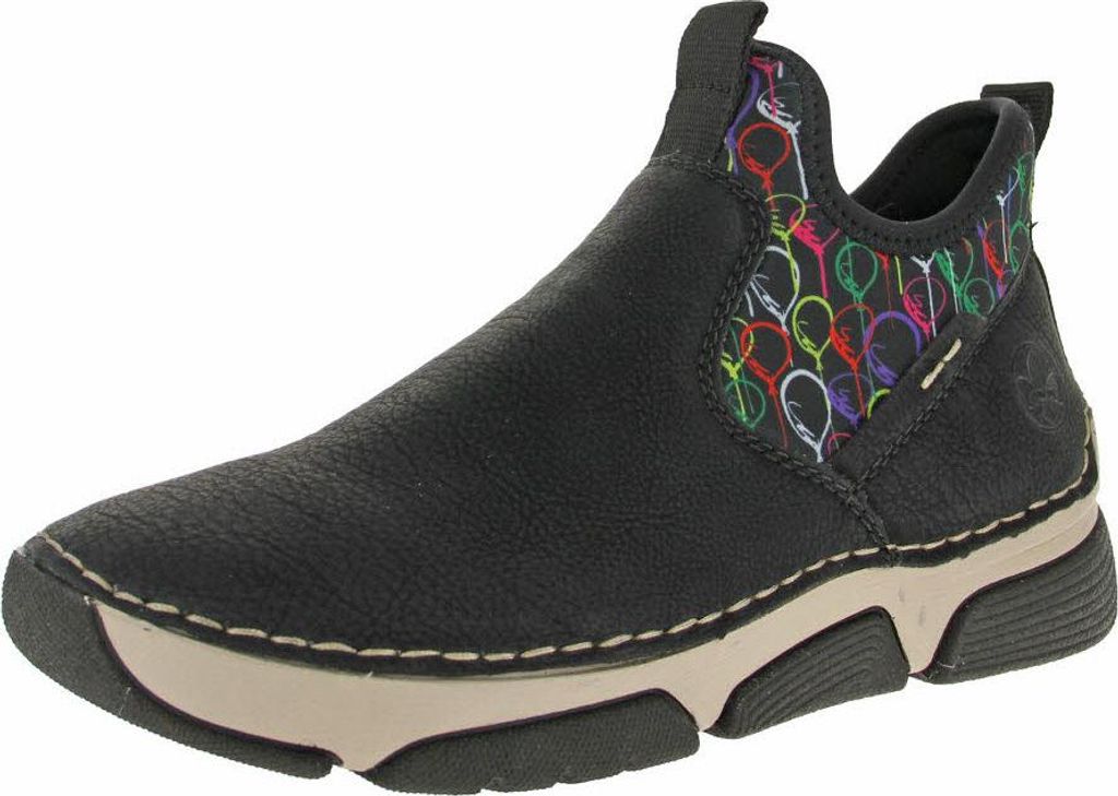 A single black boot with a colorful balloon pattern on the side, shown against a white background.