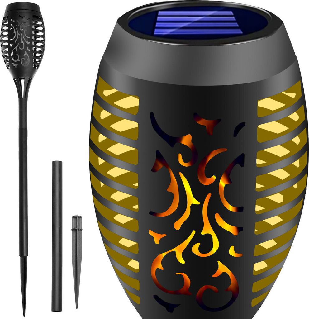 A solar-powered torch light and its components are displayed against a white background.