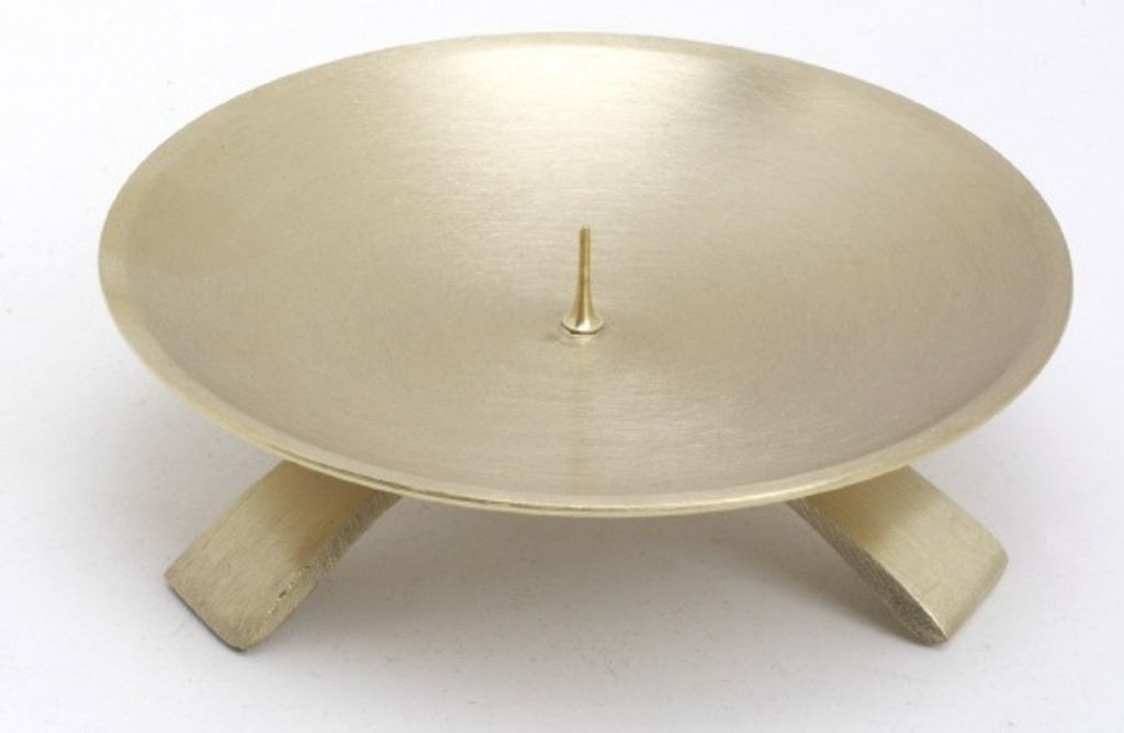 Kerzenleuchter Dreifuß Gold gebürstet kleinem Dorn Ø 11,5 cm, ideal für Taufkerzen, Kommunionkerzen