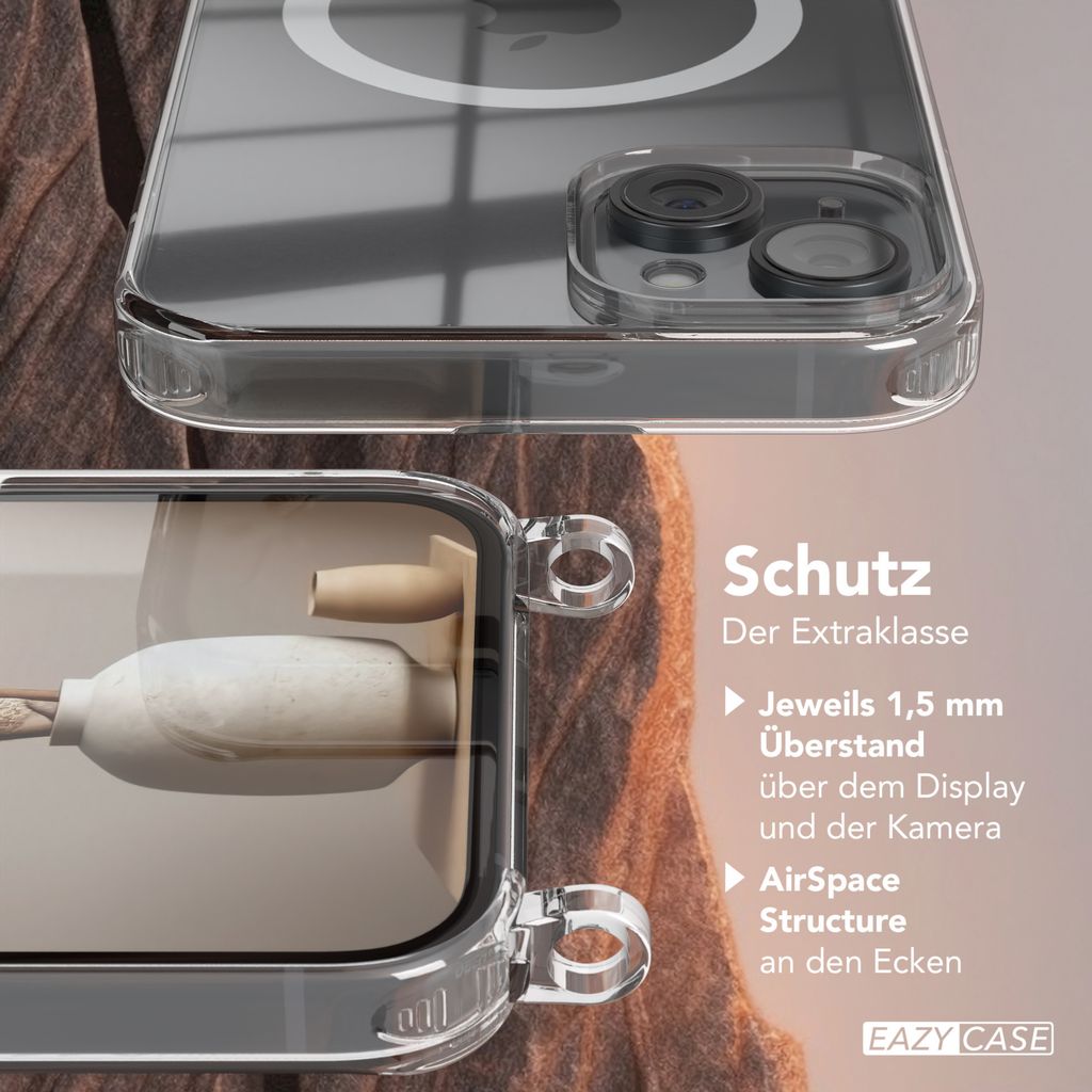 EAZY CASE Handykette kompatibel mit Apple iPhone 15 Plus, Kette zum Umhängen aus Metall, Silikonhülle mit Band, stoßfest, mit MagSafe in Grau