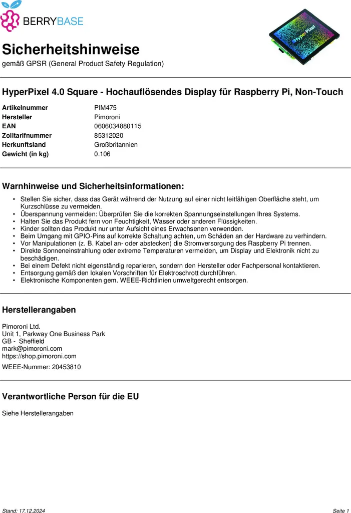Écran Raspberry Pi sans Latence HyperPixel 4.0 Square Haute Définition