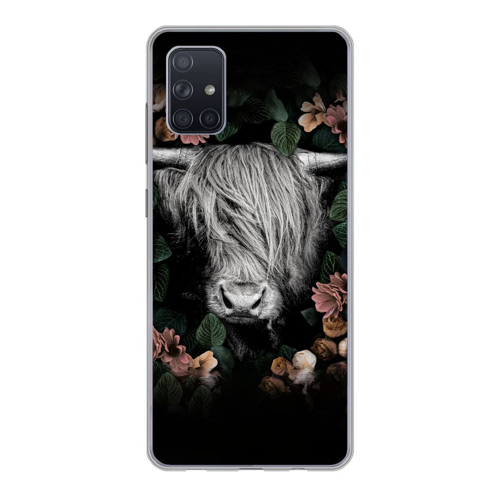 MuchoWow Handyhülle Schutzhülle Hülle für Samsung Galaxy A71 Schottischer Highlander - Blumen - Rosa Silikon Softcase Handy Hülle - Kartenbe...