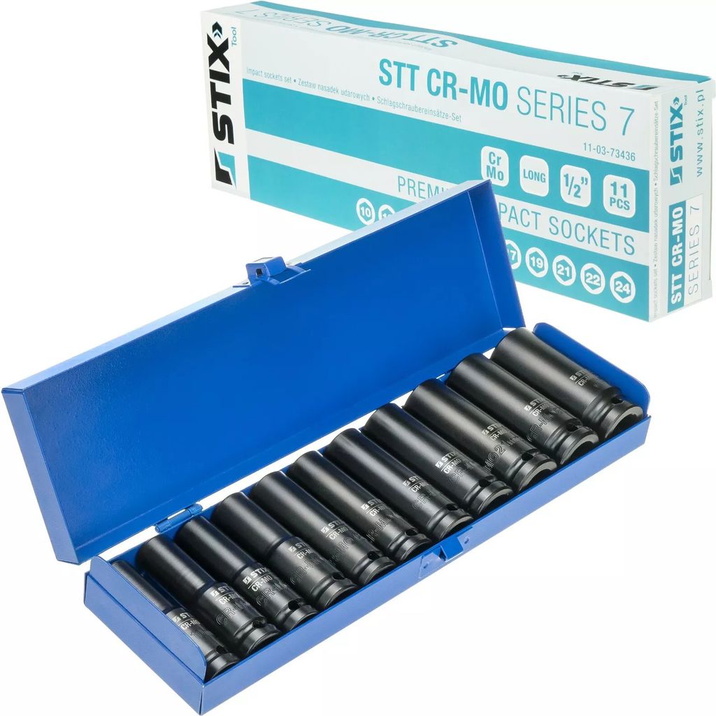 STIX 11-tlg. Steckschlüsselsatz 1/2" CR-MO 10-24 mm für Schlagschrauber Metallkoffer